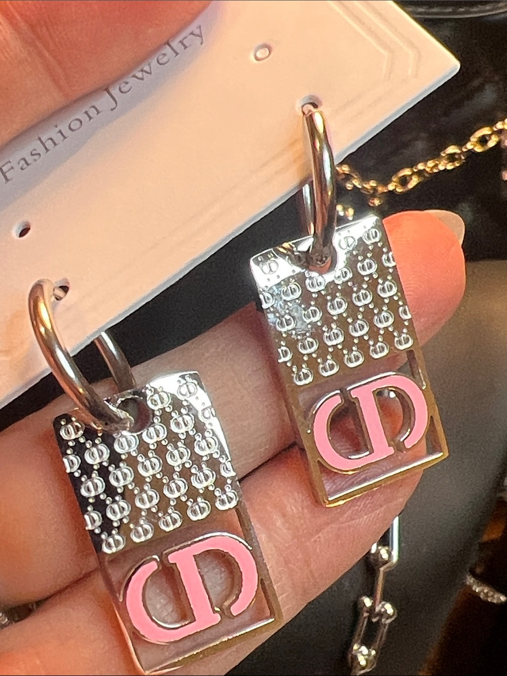 Silver-Tone Earrings with Pink Logo Accent